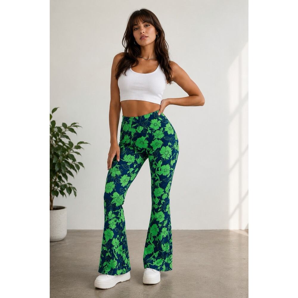 Zara Pants Flared Stretch Blue Green Floral Women Small Bell Bottom 70’s